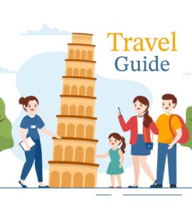 travel guide and tour with showing interesting places to kids or tourist for planning vacation in flat cartoon hand drawn templates illustration vector